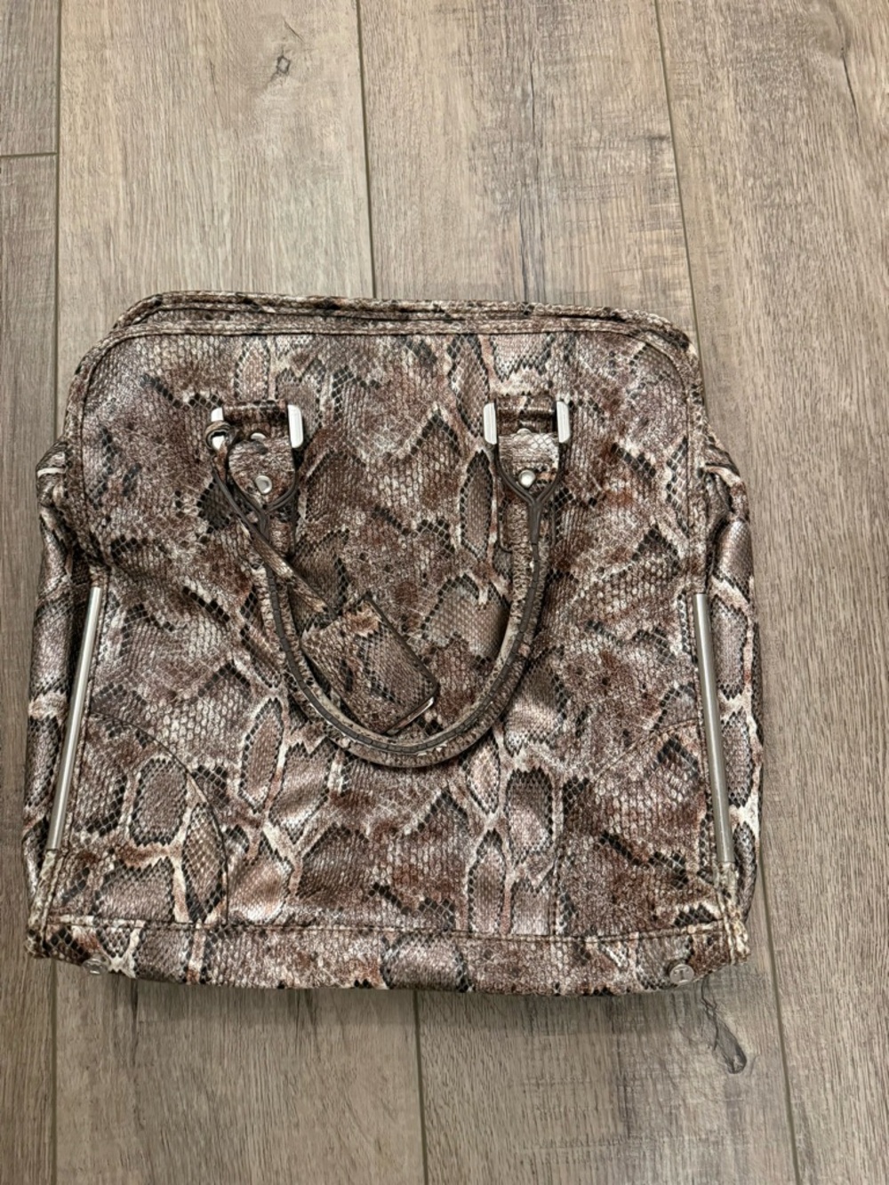 Snake-Print Top-Handle Tote Bag in Brown